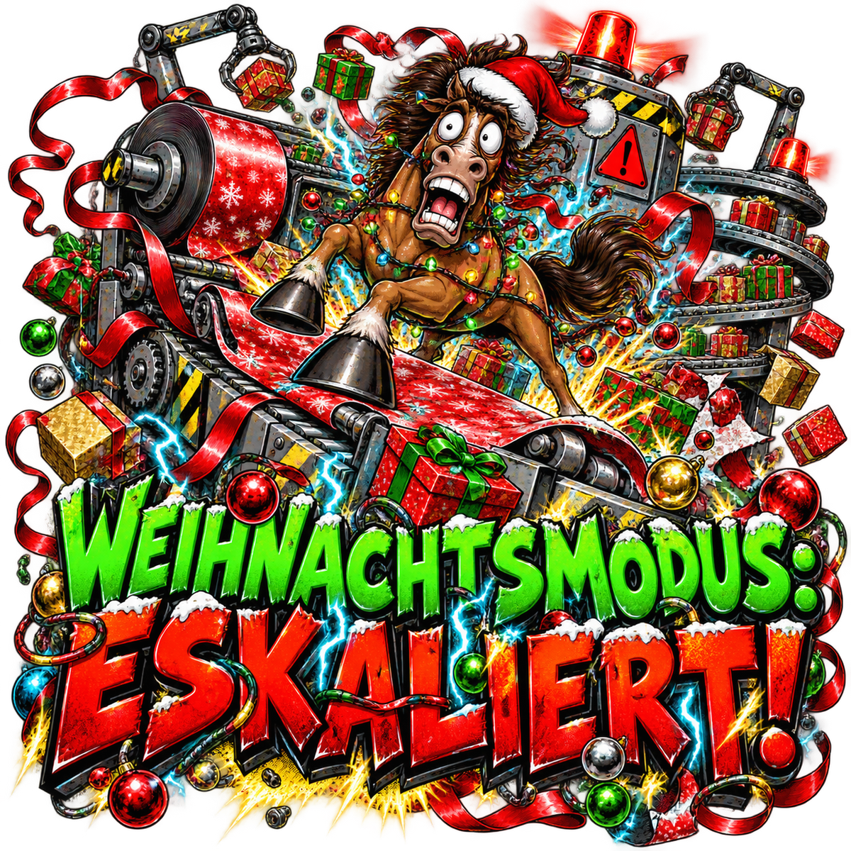 Motiv: Weihnachtsmodus: Eskaliert! – Kinder-Hoodie – KI-gestaltetes Pferdemotiv