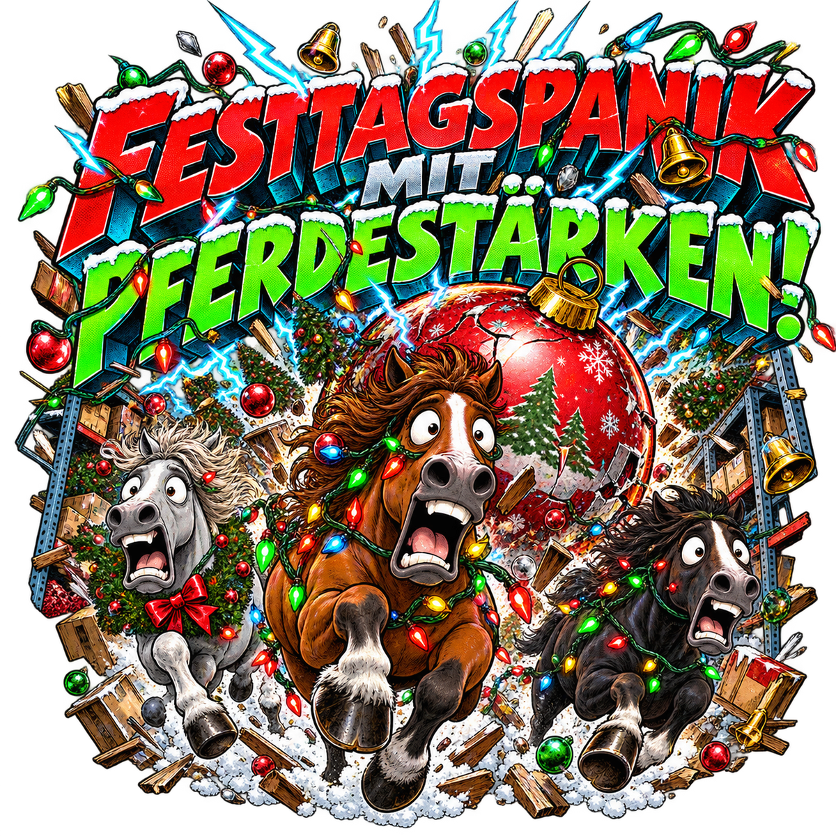 Motiv: Festtagspanik mit Pferdestärken! – Hoodie – KI-gestaltetes Pferdemotiv