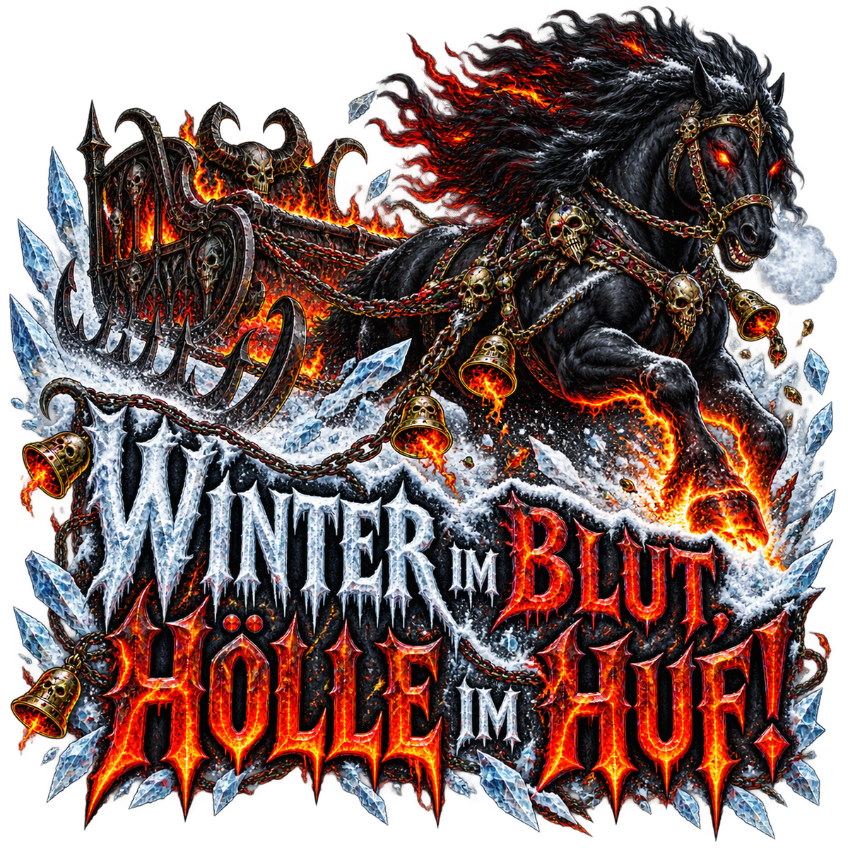 Motiv: Winter im Blut, Hölle im Huf! – Kinder-Hoodie – KI-gestaltetes Pferdemotiv