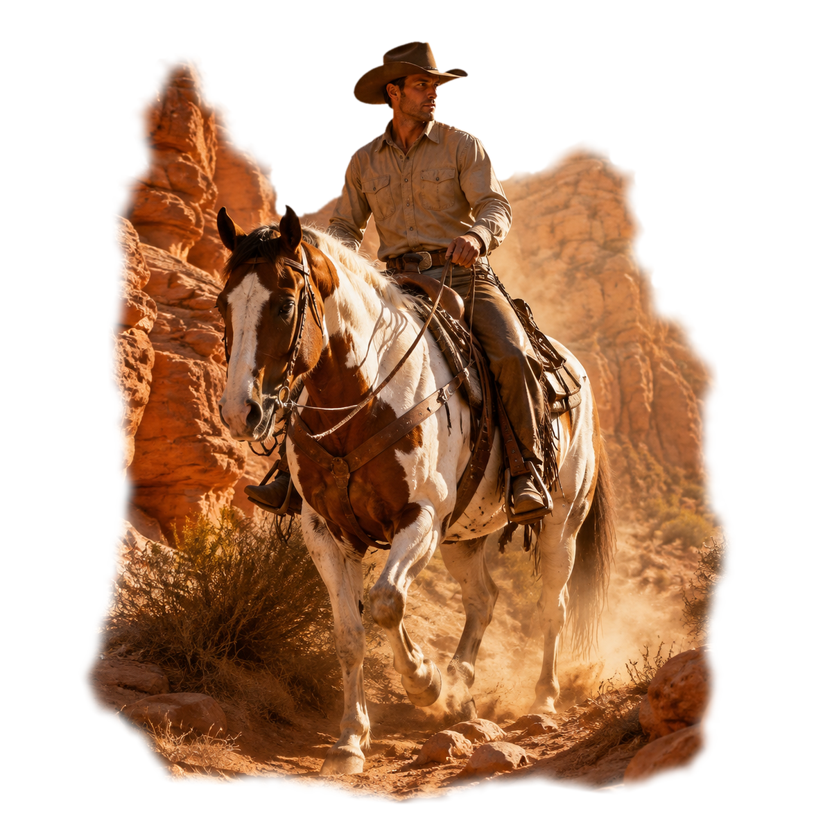 Motiv: Cowboy im Red Rock Canyon – Hoodie – KI-gestaltetes Pferdemotiv