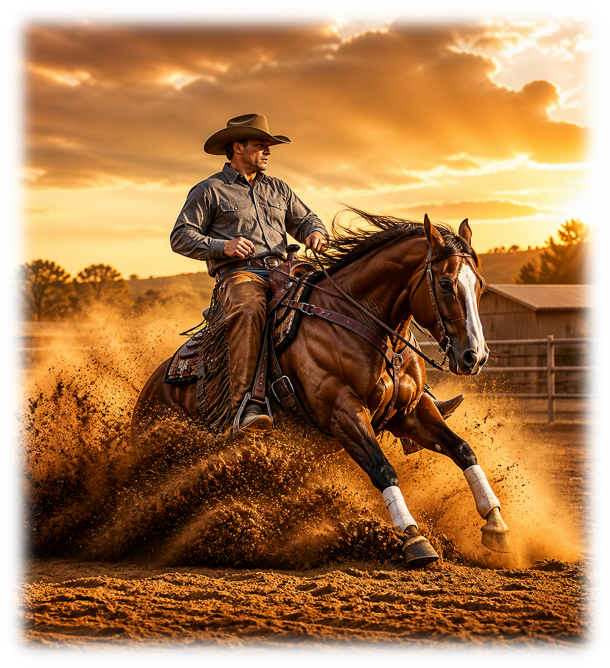 Motiv: Reining in staubiger Arena – Hoodie – KI-gestaltetes Pferdemotiv