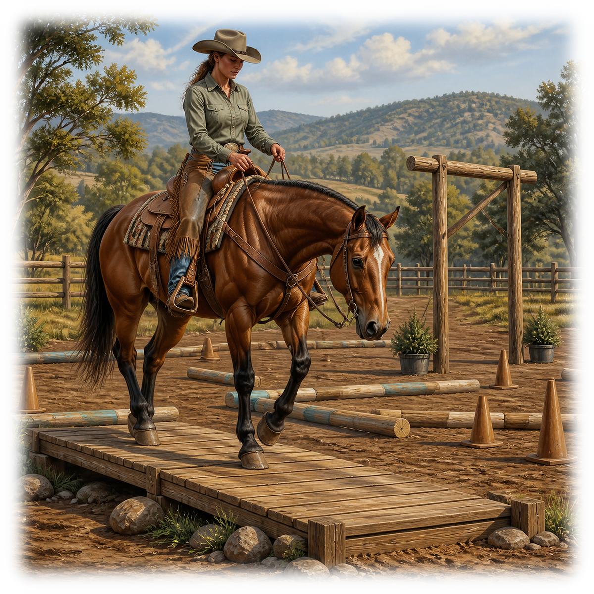 Motiv: Trailreiten auf der Ranch – KI-gestaltetes Pferdemotiv