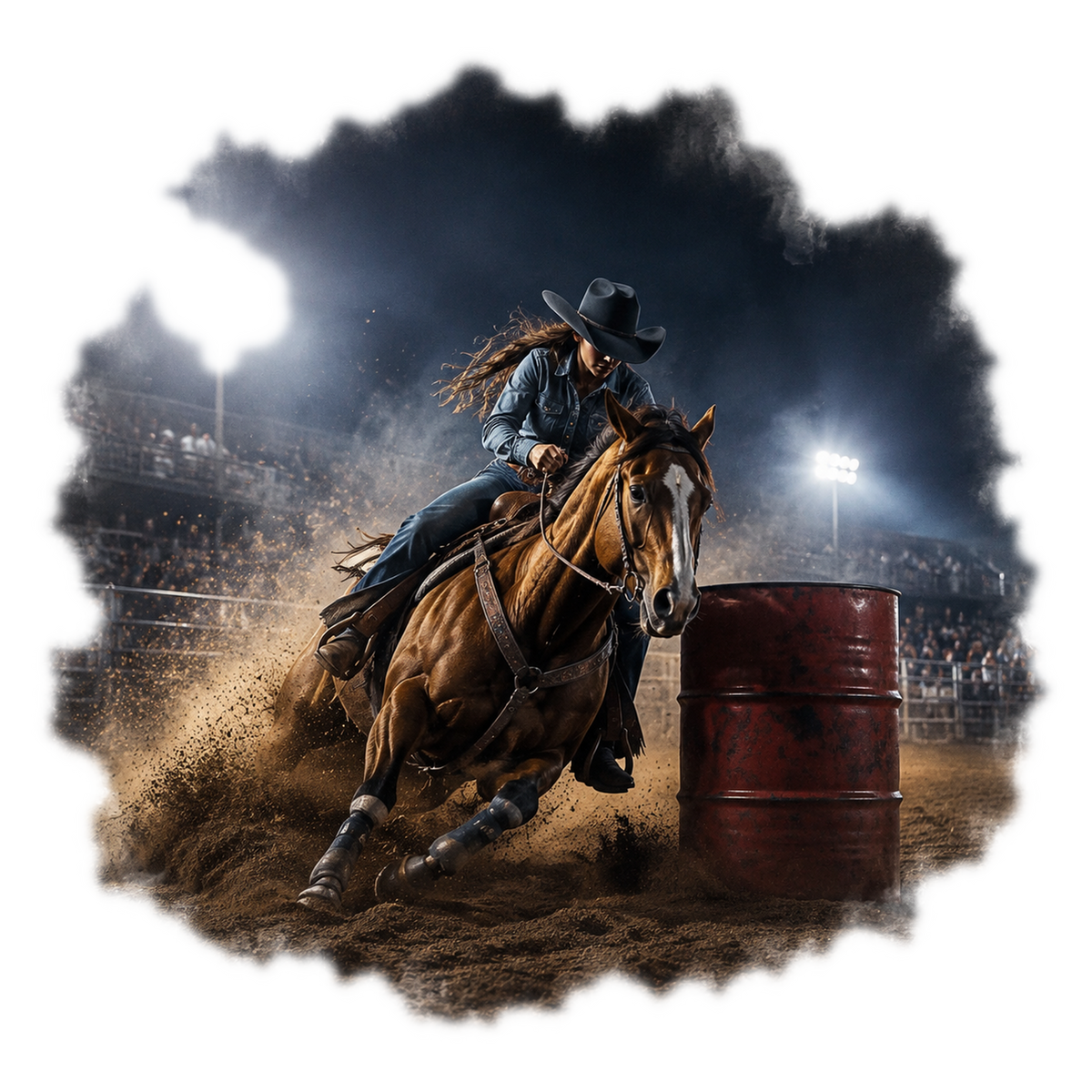 Motiv: Barrel Racing bei Nacht – Poster – KI-gestaltetes Pferdemotiv