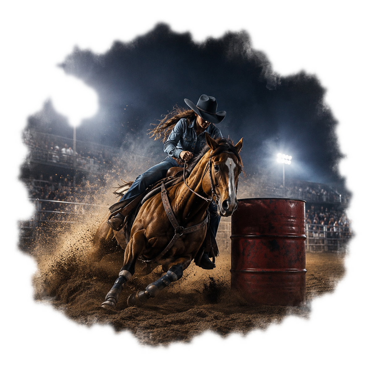 Motiv: Barrel Racing bei Nacht – Hoodie – KI-gestaltetes Pferdemotiv