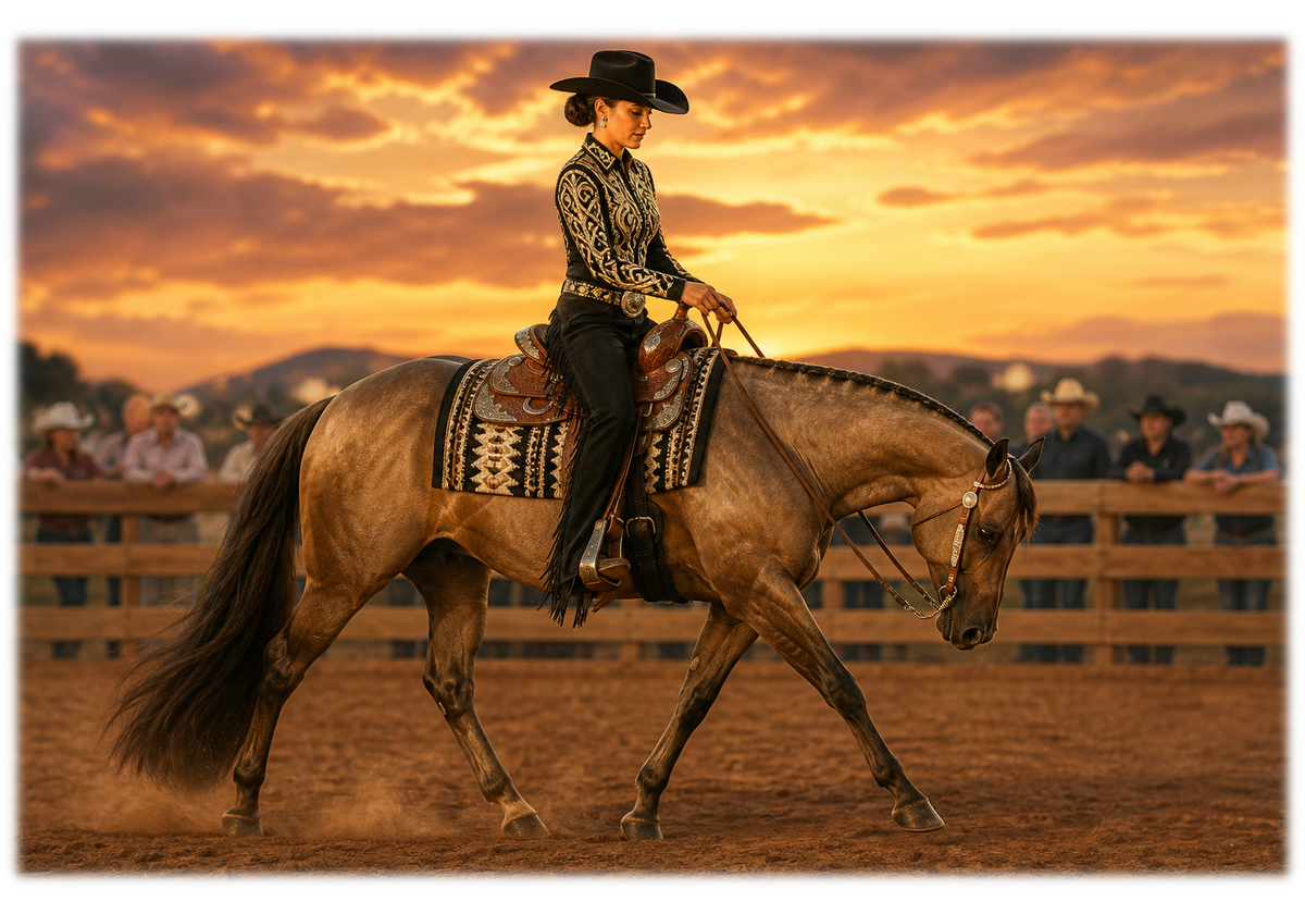 Motiv: Westernturnier in der Arena – Pullover – KI-gestaltetes Pferdemotiv