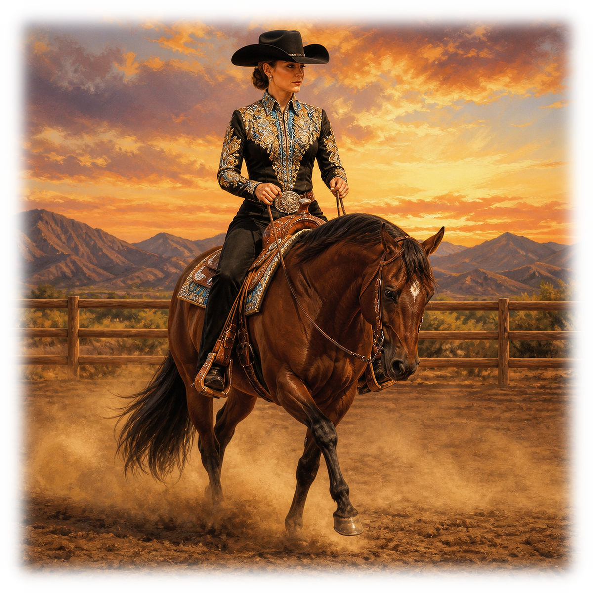 Motiv: Westernshow im Sonnenuntergang – Poster – KI-gestaltetes Pferdemotiv